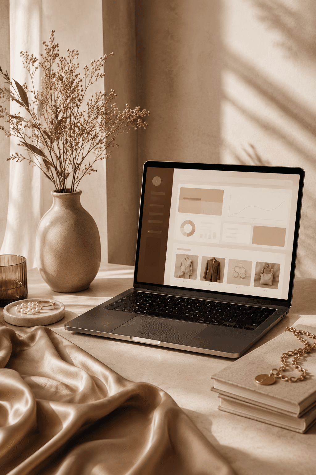 A laptop browsing NIDWAH beside a ceramic vase and soft fabric, styled with warm UAE-inspired editorial details