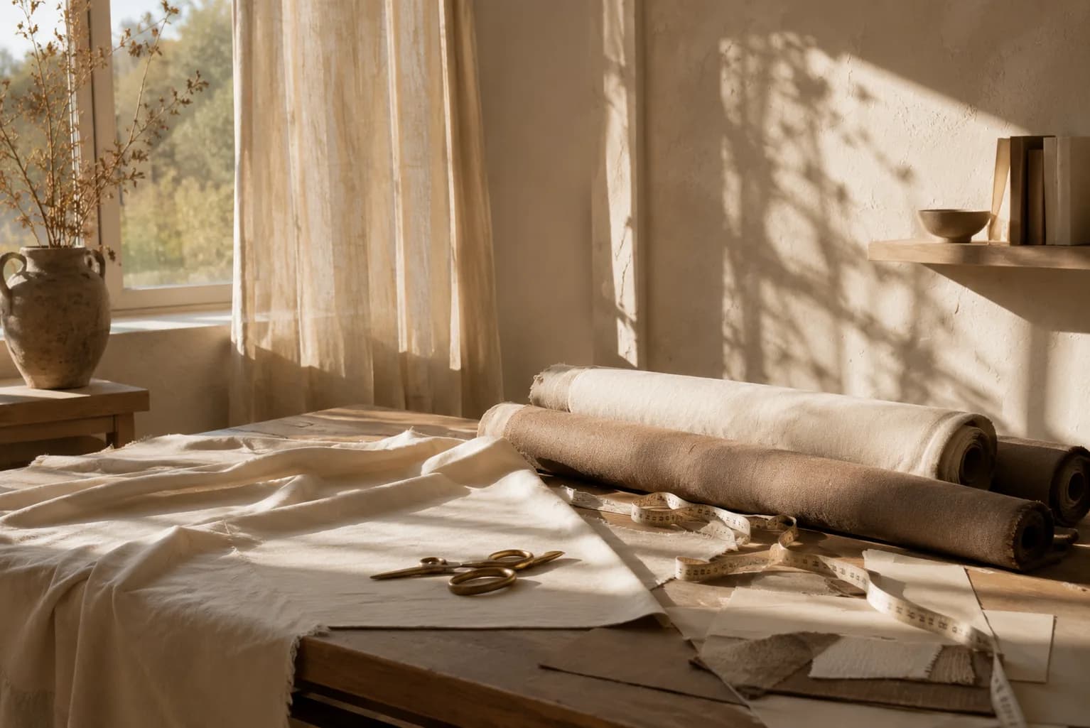 An atelier table with rolls of fabric, shears and a tape measure